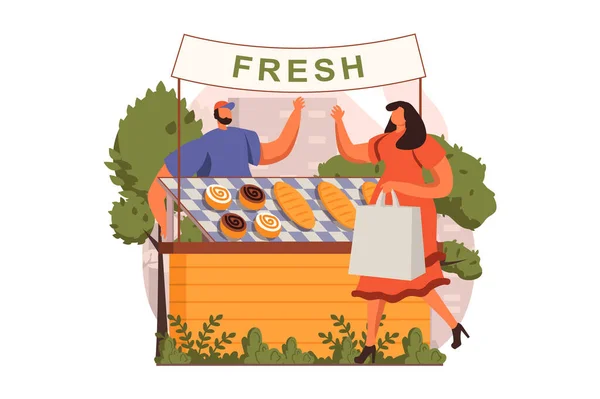 Street shops web concept in flat design. Woman buying fresh bread in street bakery shop. Man baker selling pastry, cakes and other desserts in showcase kiosk. Illustration with people scene