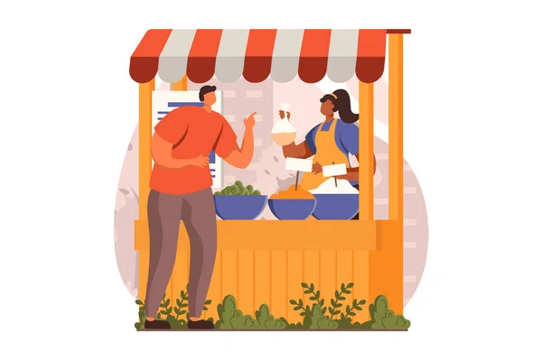 Street shops web concept in flat design. Woman sells spices and seasonings at street stall in bazaar. Man chooses ingredients for cooking in showcase kiosk. Illustration with people scene