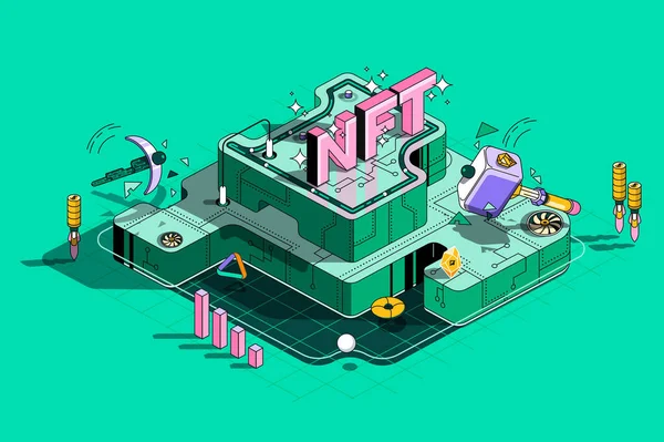 NFT konsepti 3d izometrik ana hatlı web tasarımı. NFT pazarında dijital sanat eserleri ve dijital içerik satmak, kripto para birimi yatırımları. Soyut çizgi insan bileşimi ile vektör web illüstrasyonuName