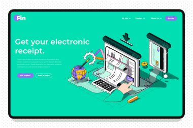 Elektronik fiş konsepti 3d izometrik iniş sayfası. Banka hizmetleri, fatura ödemeleri kredi kartı kullanımı, mali işlemler. Soyut çizgi bileşimine sahip vektör web illüstrasyonu.