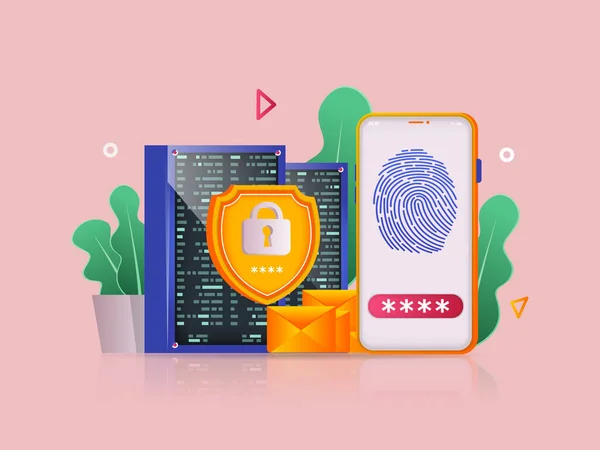 Cyber Security Concept Illustration Icon Composition Smartphone Fingerprint Scanning Password — Vettoriale Stock