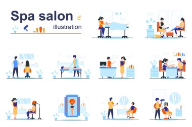 Spa salon concept scenes seo with tiny people in flat design. Men and women get beauty procedures, massages, body treatments, manicure, pedicure. Vector illustration visual stories collection for web
