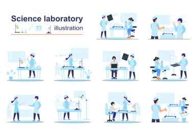 Bilim laboratuarı konsepti sahneleri. Düz dizayn edilmiş küçük insanlarla dolu. Erkekler ve kadınlar laboratuvar ekipmanları üzerinde çalışır, testler ve bilimsel keşifler yaparlar. Web için vektör illüstrasyon görsel hikayeler koleksiyonu