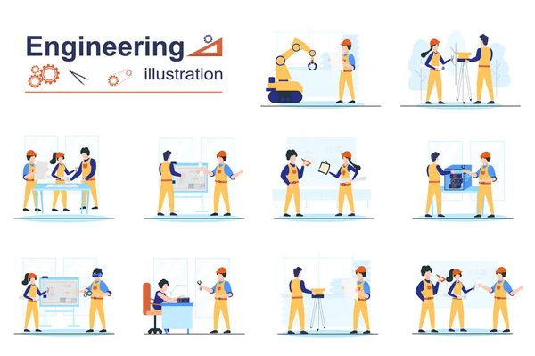 Engineering Concept Scenes Seo Tiny People Flat Design Men Women — Wektor stockowy