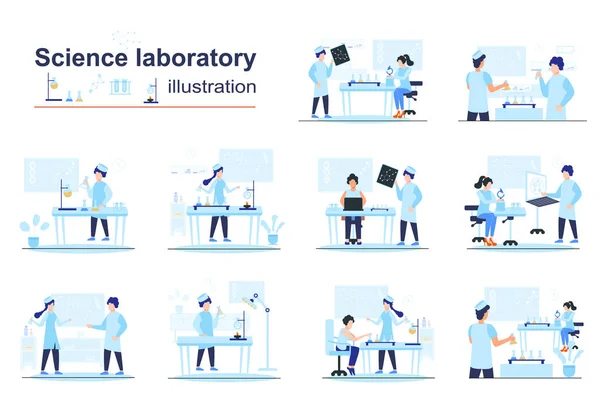 Επιστήμη Εργαστήριο Concept Σκηνές Seo Μικροσκοπικά Άτομα Επίπεδη Σχεδίαση Άνδρες — Διανυσματικό Αρχείο