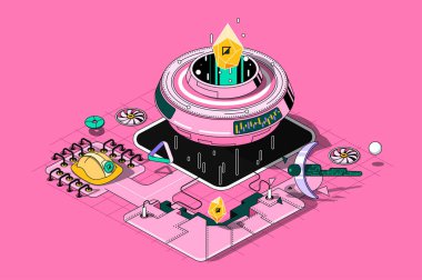 Cryptocurrency concept 3d isometric outline web design. Blockchain technology, mining bitcoins and crypto money on abstract mining farm. Web illustration with abstract line people composition