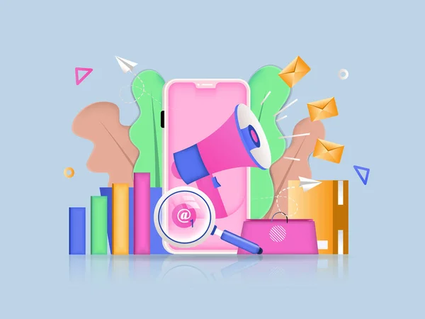 Digital marketing concept 3D illustration. Icon composition with megaphone making ad campaign, customer attracting in social networks, market data analysis. Illustration for modern web design