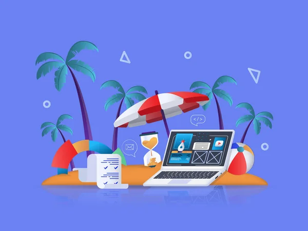 Freelance Concept Illustration Icon Composition Workplace Tropical Island Beach Laptop — Stock Photo, Image