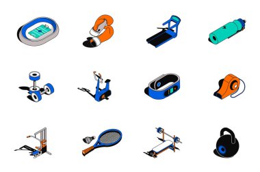 Spor 3D izometrik simgeler ayarlandı. Stadyum elementleri, boks eldivenleri, koşu bandı, şişe suyu, halterler, egzersiz makinesi, spor aletleri ve diğerleri. Modern izometri tasarımında vektör illüstrasyonu