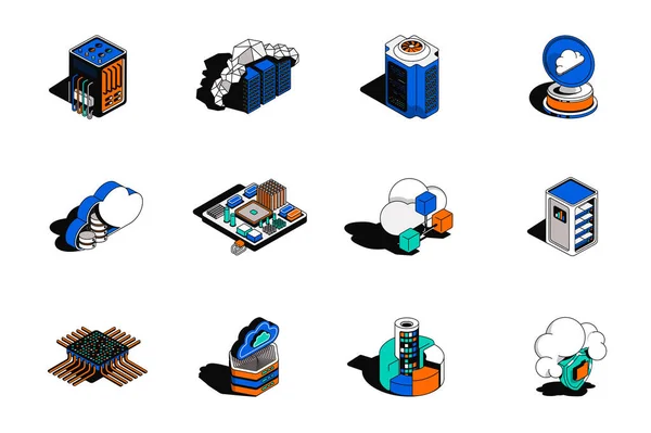 Cloud Technology Isometric Icons Set Pack Elements Racks Computer Microchip — Vetor de Stock