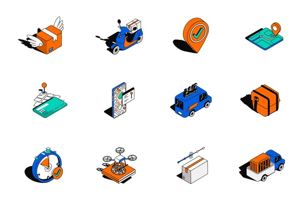 Delivery Service Isometric Icons Set Pack Elements Parcel Fast Shipping — Stockvektor