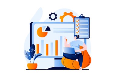 Data analysis concept with people scene in flat cartoon design. Woman analyzes statistics on dashboard with charts and graphs, monitoring and accounting. Vector illustration visual story for web