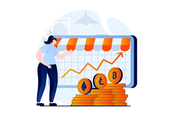 Cryptocurrency Marketplace Concept People Scene Flat Cartoon Design Woman Analyzes — Archivo Imágenes Vectoriales