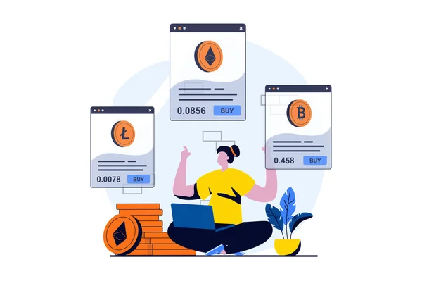 Cryptocurrency Marketplace Concept People Scene Flat Cartoon Design Woman Engaged — Archivo Imágenes Vectoriales