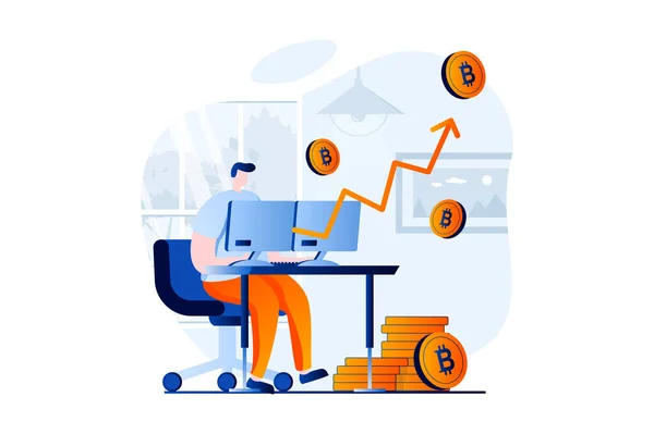 Cryptocurrency Mining Concept People Scene Flat Cartoon Design Man Mines — Vettoriale Stock