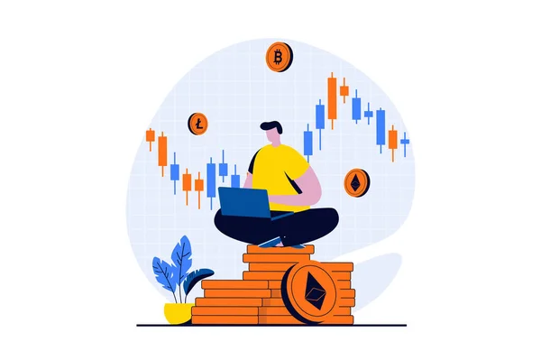 Cryptocurrency Mining Concept People Scene Flat Cartoon Design Man Mines —  Vetores de Stock