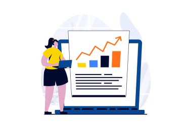 Data science concept with people scene in flat cartoon design. Woman analyzing chart with growth trend and making financial report using databases on laptop. Vector illustration visual story for web