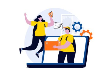 Düz çizgi film dizaynında insanların sahne aldığı servis konsepti. Kadın dizüstü bilgisayarla online alışveriş yapıyor ve evine paket teslimatı için kurye siparişi veriyor. Web için vektör illüstrasyon görsel hikaye