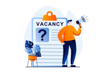 Employee hiring process concept with people scene in flat cartoon design. Man with megaphone announces vacancy and looking for professionals in company. Vector illustration visual story for web