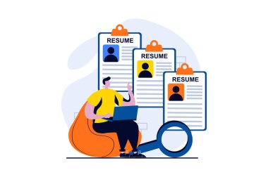Employee hiring process concept with people scene in flat cartoon design. Man looks to best resumes and selects staff. Human resources and recruitment. Vector illustration visual story for web