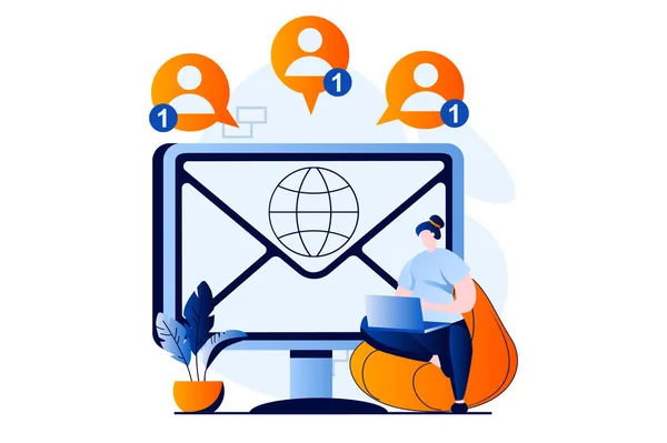 Email Service Concept People Scene Flat Cartoon Design Woman Makes — Stok Vektör