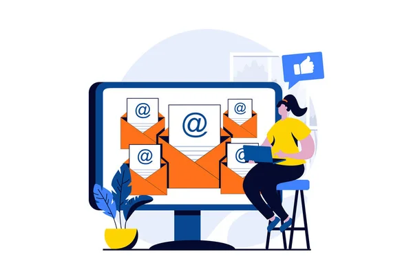 Email Service Concept People Scene Flat Cartoon Design Woman Manages — 图库矢量图片