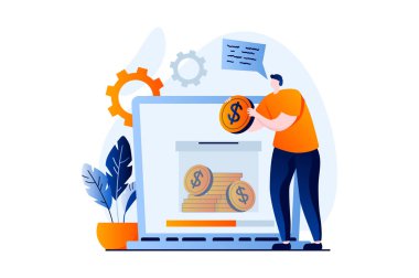 E-payment process concept with people scene in flat cartoon design. Man transfers money to bank account or pays for purchases online on website using laptop. Vector illustration visual story for web