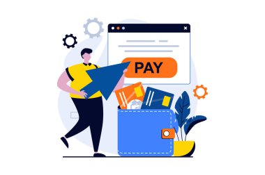 E-payment process concept with people scene in flat cartoon design. Man paying on website using electronic wallet and virtual credit cards at online banking. Vector illustration visual story for web