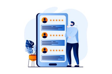 Feedback page concept with people scene in flat cartoon design. Man reads comments with stars of other customers and makes choice. Customer satisfaction. Vector illustration visual story for web