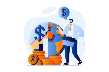 Global economic concept with people scene in flat cartoon design. Businessman analyzes financial statistics and studies world economy for success investments. Vector illustration visual story for web
