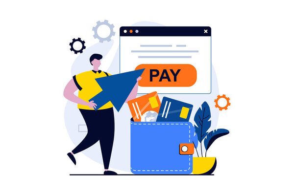E-payment process concept with people scene in flat cartoon design. Man paying on website using electronic wallet and virtual credit cards at online banking. Vector illustration visual story for web