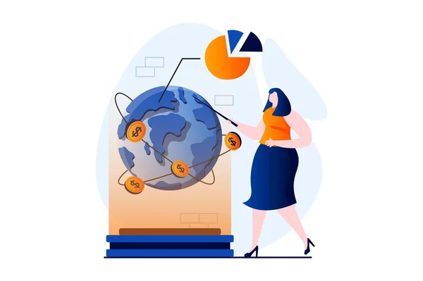 Global economic concept with people scene in flat cartoon design. Businesswoman develops an international company and opens new businesses around world. Vector illustration visual story for web