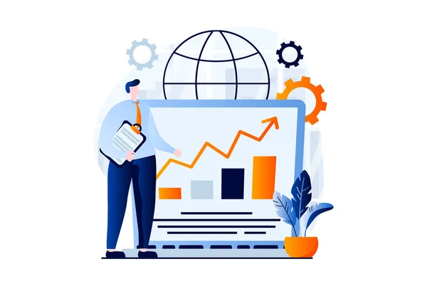 Global Economic Concept People Scene Flat Cartoon Design Businessman Analyzes —  Vetores de Stock