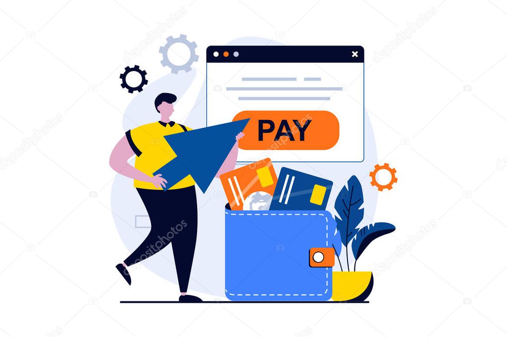 E-payment process concept with people scene in flat cartoon design. Man paying on website using electronic wallet and virtual credit cards at online banking. Vector illustration visual story for web
