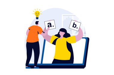Düz çizgi film dizaynında insanların sahne aldığı online araştırma konsepti. İnsanlar çevrimiçi sınavlara ya da sosyolojik sınavlara giriyor ve farklı seçenekler arasından seçiyor. Web için vektör illüstrasyon görsel hikaye