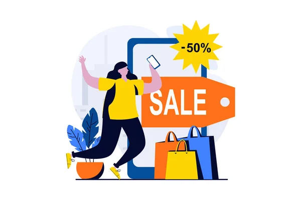 Mobile Commerce Concept People Scene Flat Cartoon Design Woman Makes — Vetor de Stock