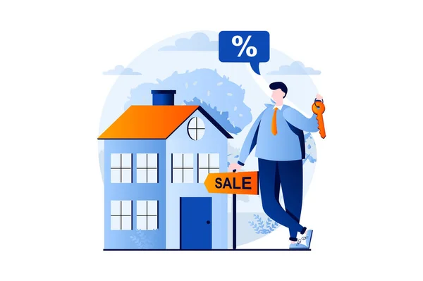 Real Estate Concept People Scene Flat Cartoon Design Realtor Holding — Stock Vector