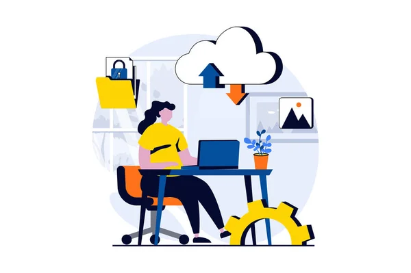 Saas Concept People Scene Flat Cartoon Design Woman Working Data — ストックベクタ