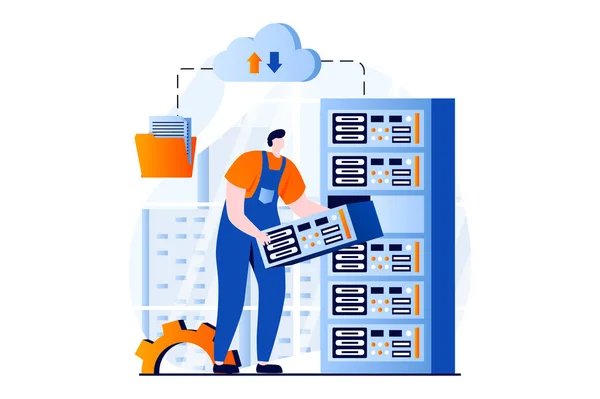 Server maintenance concept with people scene in flat cartoon design. Man engineer working at server rack hardware room, fixing, repair and support equipment. Vector illustration visual story for web