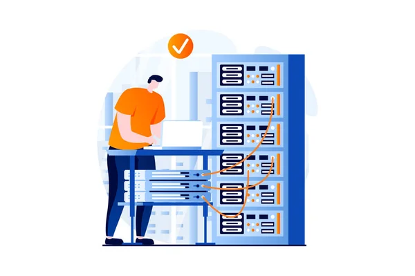Server maintenance concept with people scene in flat cartoon design. Man working at laptop in server rack hardware room, monitoring and manages equipment. Vector illustration visual story for web