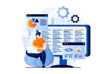 Software development concept with people scene in flat cartoon design. Woman developer working with programming language at computer and coding at screens. Vector illustration visual story for web