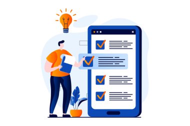 Strategic planning concept with people scene in flat cartoon design. Man develops strategy, sets tasks mobile app and organizes workflows to improve business. Vector illustration visual story for web