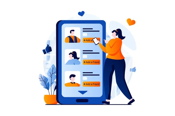 Social Network Concept People Scene Flat Cartoon Design Woman Adds — Archivo Imágenes Vectoriales