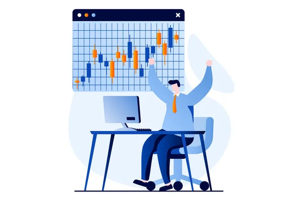 Stock Market Concept People Scene Flat Cartoon Design Man Works — Διανυσματικό Αρχείο