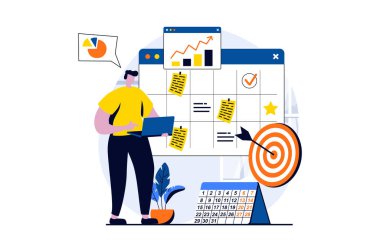 Strategic planning concept with people scene in flat cartoon design. Man analyzes data, develops strategy, organizes workflow and marks meetings in calendar. Vector illustration visual story for web