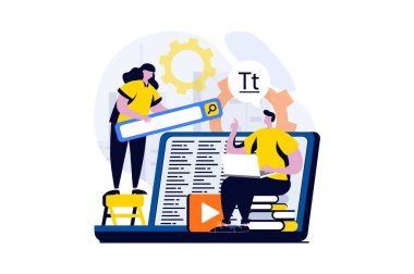 Düz çizgi film tasarımında insanların sahne aldığı Ui ux tasarım konsepti. Kadın ve erkek birlikte çalışıyor, elementleri ve düğmeleri kullanıcı arayüzünün düzenine yerleştiriyor. Web için vektör illüstrasyon görsel hikaye