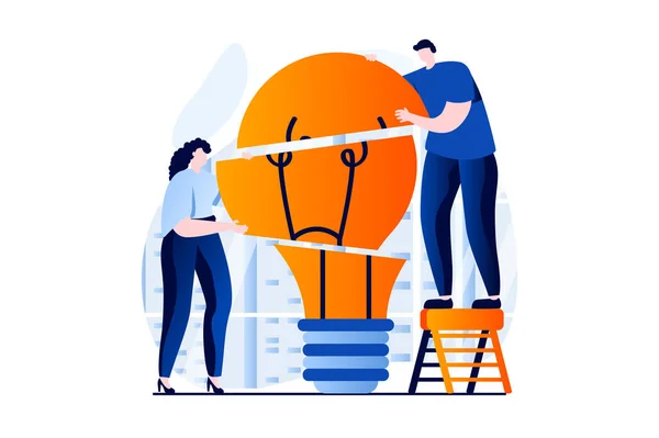 Teamwork Concept People Scene Flat Cartoon Design Man Woman Generating — Vetor de Stock