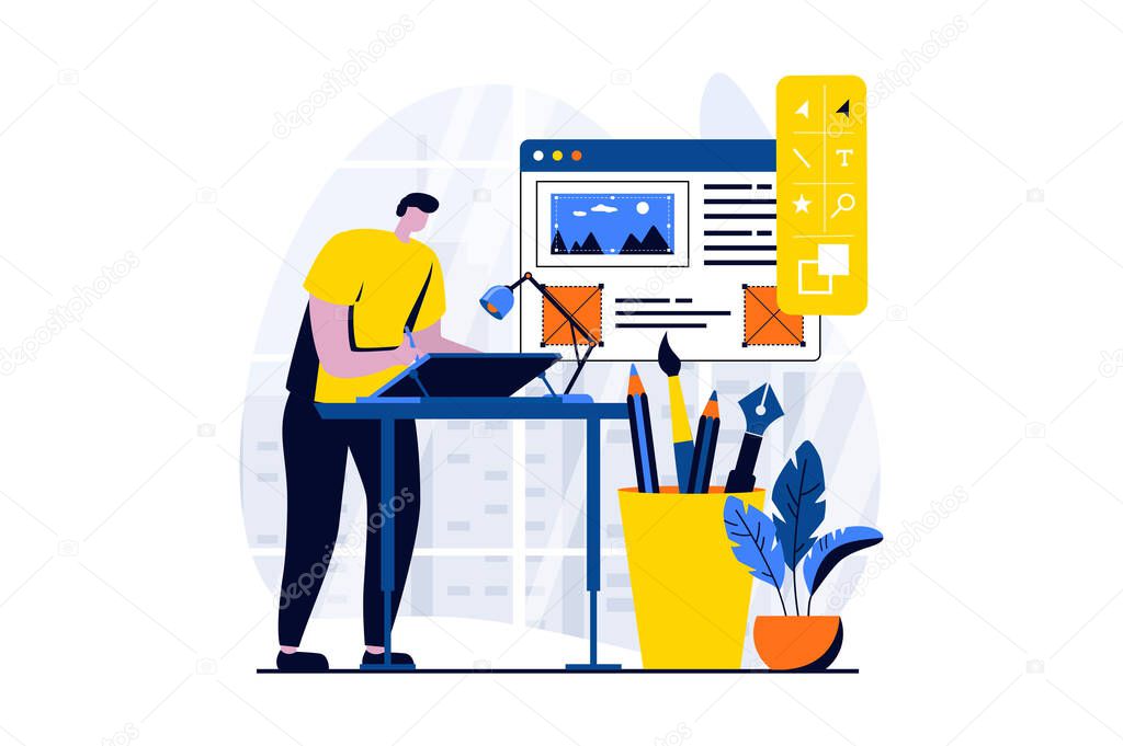 Ui ux design concept with people scene in flat cartoon design. Man illustrator drawing at graphic tablet, creates elements and buttons on layout of interface. Vector illustration visual story for web