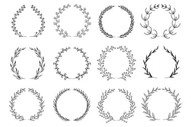 Süslü çelenkler elle çizilmiş. Laurel çelenk ve dekoratif dal destesi bırakıyor. Bitkilerden, dallardan, dallardan ve bitki elementlerinden oluşan botanik tasarımı. Vektör çiçek dekorasyonu