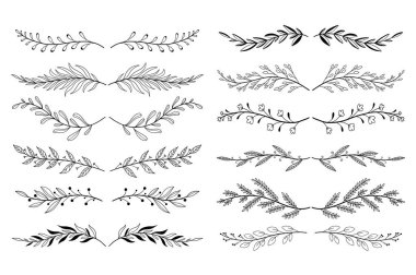 Çiçek süsleme bölmeleri elle çizilmiş. Bitkiler, dallar, çiçekler ve bitkiler. Bir sürü botanik süs tomarı süsleme ve dekoratif dal. Vektör illüstrasyonu izole edildi